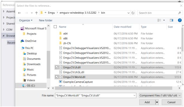 Addition of Emgu CV libraries